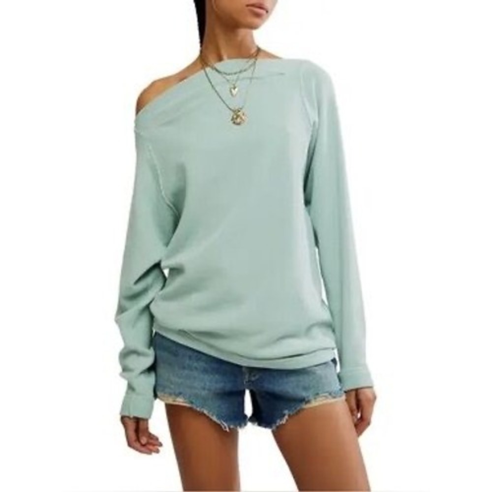 We The Free Thermal Top Womens Small Sage Green Blue One Shoulder Waffle Knit